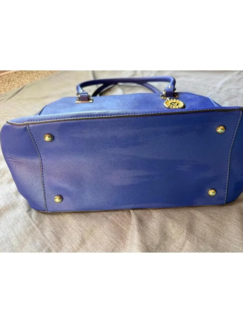 Anne Klein Royal Blue & Gold Shoulder Bag Top Zipper Faux Leather Old Money